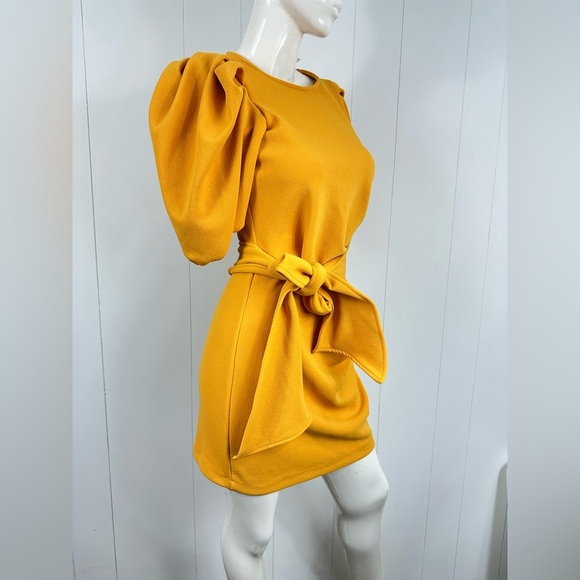 NWT New York & Company Yellow Sheath Dress Size Small Puff Sleeve Bow Detail - Picture 8 of 11